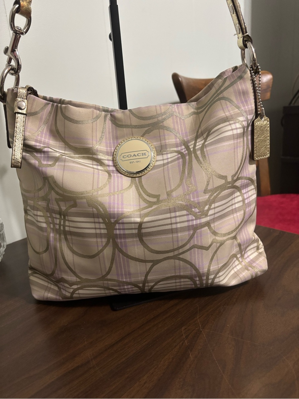 Coach lavender Plaid Hobo crossbody Bag with Gold Accents